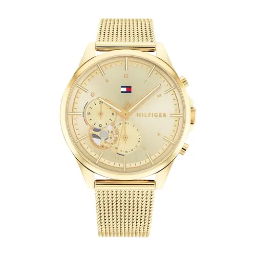 Tommy Hilfiger Reloj Analógico de Cuarzo Multifunción para Mujer con Correa de Malla de Acero Inoxidable de Color Dorado - 1782417
