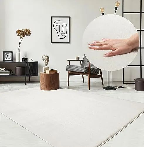 the carpet Relax - Alfombra Moderna y mullida de Pelo Corto, para salón, Parte Inferior Antideslizante, Lavable hasta 30 Grados, Muy Suave, Crema, 60 x 110 cm