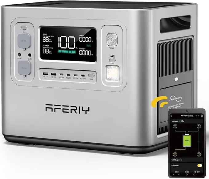 AFERIY 2400W Estacion de Energia Portatil, 2048Wh LiFePO4 Batería, 1,5H de Carga Rápida, 13 Conexiones, Onda Sinusoidal 230V, UPS, APP, Fuente de Alimentación Móvil para Camping al Aire Libre Plata