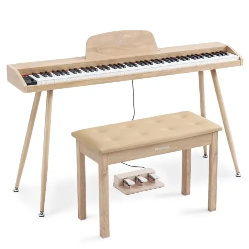 MUSTAR Piano digital de tamaño completo de 88 teclas con banco de piano, 3 pedales, madera clara