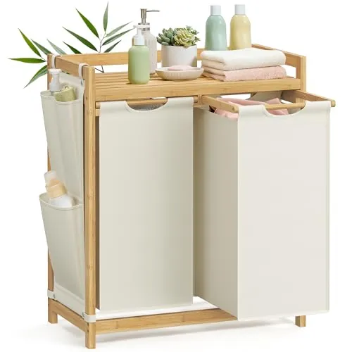 SONGMICS Cesto para Ropa Sucia, 2 Compartimentos, con Estante, 100 L, Bambú | Cesta Ropa Sucia, Bolsa, Bolsillos Laterales, 2 x 50 L, 63,2 x 33 x 78 cm, Colección ROCKI RLH100W01