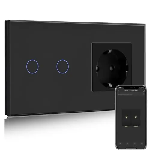 BSEED Enchufe Normal con Interruptor de luz WiFi,Compatible con Alexa y Google Home,Control de APP y Función de Temporizador,2 Gang 1 Vía WiFi Interruptor de Luz con Enchufe Negro(Neutral Requerido)