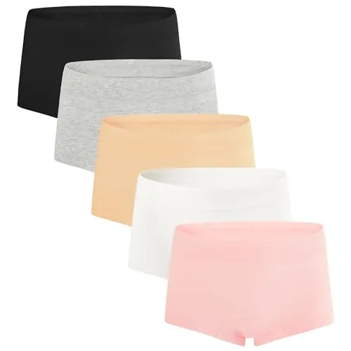 INNERSY Boxer Niña Algodón Bragas Culotte Adolescente Elástico Braguitas Calzoncillos Pack de 5 (12-14 Años, Rosa/Negro/Blanco/Beige/Gris)