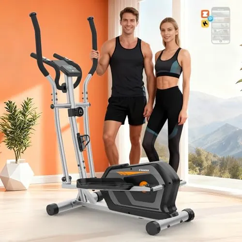 Bicicleta Elíptica con 16 Niveles de Resistencia Ajustable,Bluetooth App, Monitor LCD,Ultra Silenciosa Elíptica para Casa con Pedales Antideslizantes,Portabotellas (Plata Naranja)
