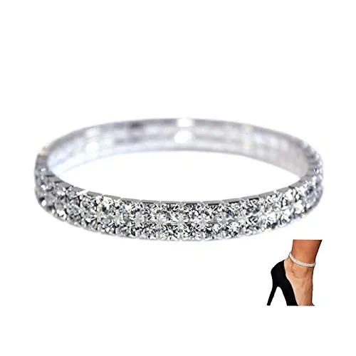 LucBuy Tobillera de diamantes de imitación, elástica, con diamantes de imitación brillantes, joyería para el pie, joyería nupcial de verano, adjustable, Latón, Diamantes de imitación