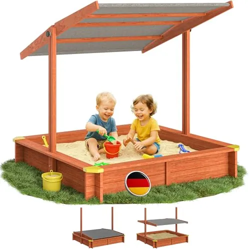 SPIELWERK® Arenero Niños 140x140x120cm Techo Ajustable de Madera Barnizada
