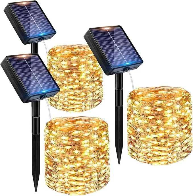 Peasur Guirnaldas Luces Exterior Solar - 3 Pack 12+2M/120LED Luces Solares LED Exterior Jardin Luz Navidad Exteriors Solares Luz Solar Exteriors Jardin Cadena para Exteriores Decoracion Arbol, Cálido