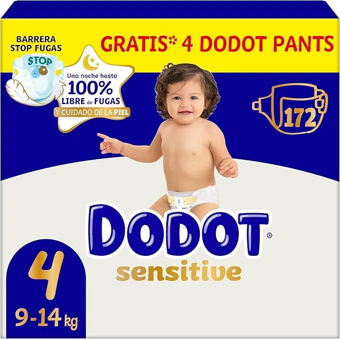 Dodot Pañales Bebé Sensitive, Talla 4 (9-14 kg), 172 Pañales + 4 Pants de Regalo, Hasta 12 h De Protección Antifugas y Cuidado de la Piel, Pack Mensual