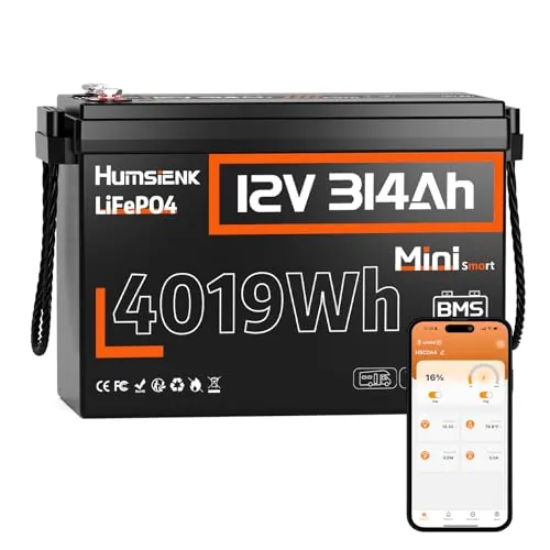 Humsienk Batería Litio LiFePO4 12V 314Ah con Bluetooth, 4019Wh, 200A BMS con Protección de Baja Temperatura, hasta 6000 Ciclos, Batería Recargable para Autocaravana, Barco, Placa Solar y Caravana
