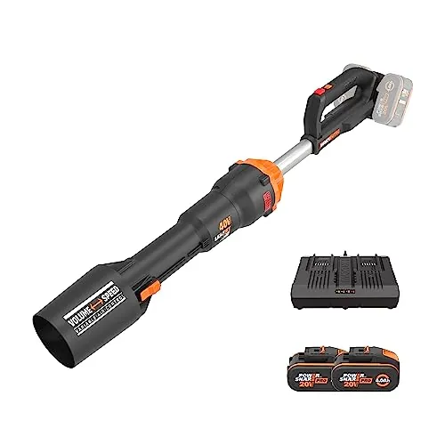 WORX WG585E Soplador de Hojas 40V Máx. (2x20V) Motor sin escobillas, Incluye 2 baterías de 4Ah y Cargador Doble,Tecnología de amplificación de Aire