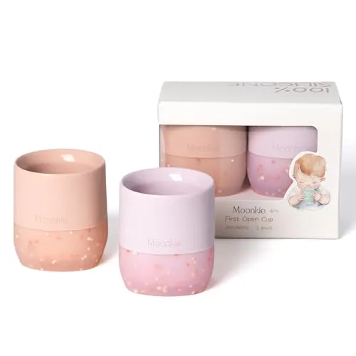 Moonkie Vaso Bebé de Silicona, Paquete de 2 Vasos 60 ml con Base Ponderada, para Bebé desde 4 Meses, sin BPA, Marcas de Capacidad, Apto para Lavavajillas y Microondas(Blush/Lila claro)