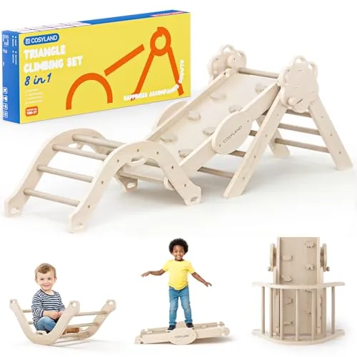 COSYLAND 8 en 1 Triángulo de Escalada Montessori con Arco y Rampa, Set Plegable Infantil, Juguete de Madera Resistente para Interior, Niños 18 Meses-6 años, Natural/Madera Clara, Mediano