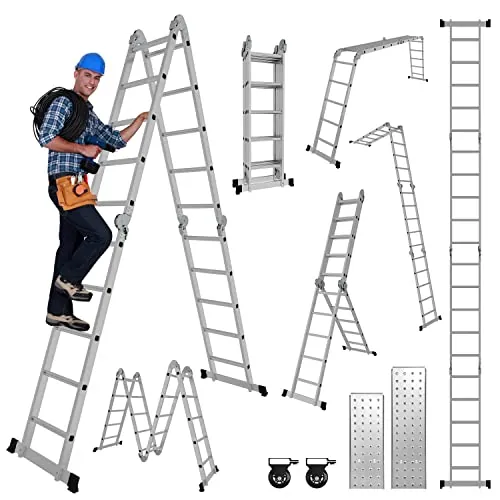 Joparri Escalera Multiusos 4x4, 470 cm 7 en 1 de Aluminio multifunción Escalera Plegable con 2 Placas Metálicas, para el hogar Escalera de Trabajo Plataforma, Carga de 150 kg,SNOF-8972-M1c