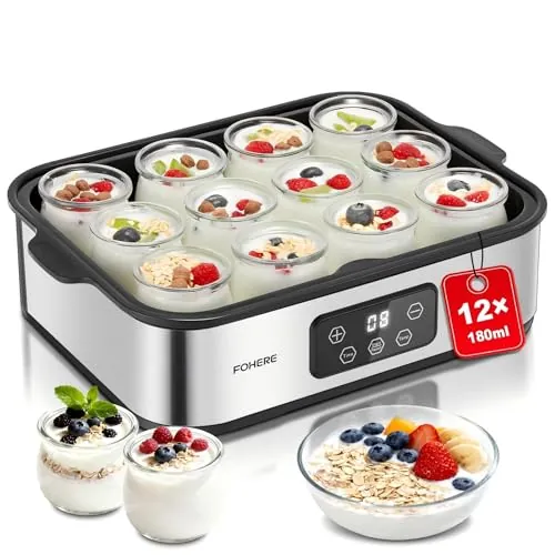 FOHERE Yogurtera con 12 x 180 ml Vasos y Tapas, 25 W Máquina de Yogur Griega, LCD Pantalla de un Solo Toque, Tiempo y Temperatura ajustables, sin BPA, Apagado automático