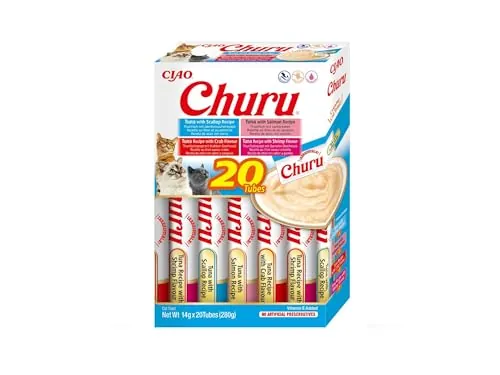 INABA Churu Gatos - 4 Recetas de Snacks Saludables a Base de Atún - Deliciosos Premios con Textura Suave y Cremosa - Natural, Sin Cereales, Sin Conservantes, Sin Colorantes - 280g (20x14g)