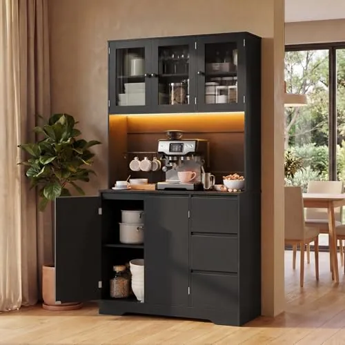 Xbro Alacena de Cocina con LED y Placa Perforada, Armario Cocina con 5 Puertas y 3 Cajones,Armario Cocina Almacenaje para Cocina, Comedor, Salón, 100 x 40 x 180 cm, Negro
