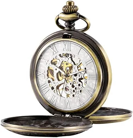 TREEWETO Reloj de bolsillo unisex con cadena, cuerda manual mecánica, doble bisagra, esqueleto antiguo, números romanos