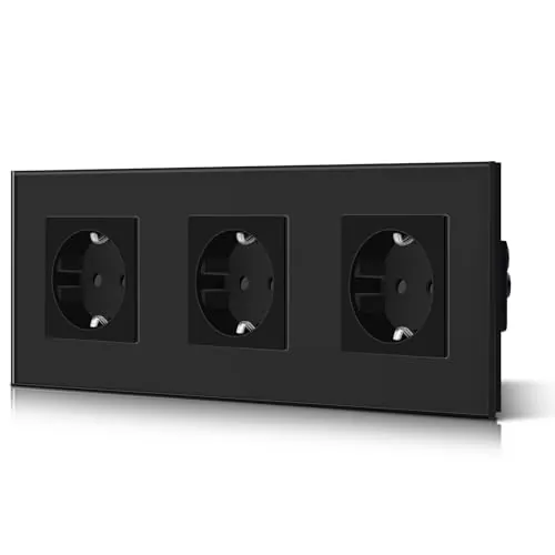 BSEED Enchufe de Pared con Cristal,Enchufes Empotrable Estándar,Schuko Enchufe Simple 16A 250V,Toma de Corriente para Cocina,Dormitorio,Oficina,Hotel,M Serie,3 Enchufes,228mm Negro