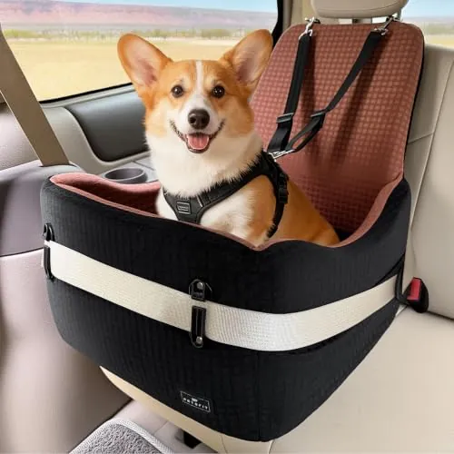 PETSFIT Asiento Elevado para Perros Pequeños/Medianos hasta 15 kg – Sistema de Seguridad Patentado, Cojín Viscoelástico de 13 cm, Desmontable y Lavable con 2 Bolsillos (Negro y Marrón)