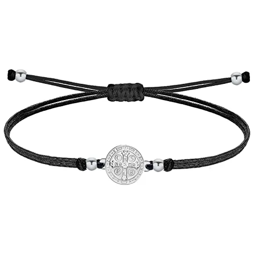 cotigo Pulsera de Protección y Suerte de Acero Inoxidable, Pulsera Unisex con Amuleto contra el Mal de Ojo, Hecha a Mano en Hilo Encerado – Varios Diseños (san benito plateado)