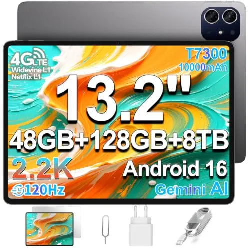 TECLAST ArtPad Tablet 13.2 Pulgadas 2.2K Android 16, 120Hz Tableta, 2.2GHz Octa-Core T7300, 10000mAh/18W, 48GB RAM+128GB(8TB TF), 4G LTE Dual SIM 5G WiFi, Widevine L1/GPS/OTG, Gemini AI Gaming Tablets