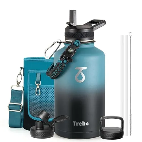 Botella de Agua Térmica de 2L, Trebo Botella Térmica de 2L con Pajita Botella acero inoxidable Enfría durante 48 horas Botella de Agua de Metal con Asa de Paracord, Indigo
