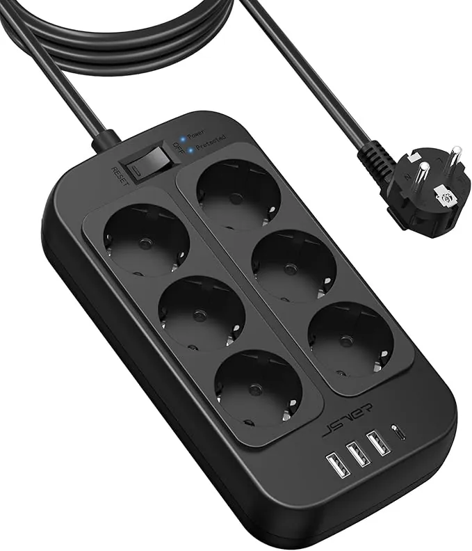 JSVER Regleta Enchufes 3M, Proteccion Sobretension con 6 Toma de Corriente y 4 USB Puertos(5V3,4A) USB Estación de Carga Inteligente USB Tomas Alargadora con Interruptor-Negro
