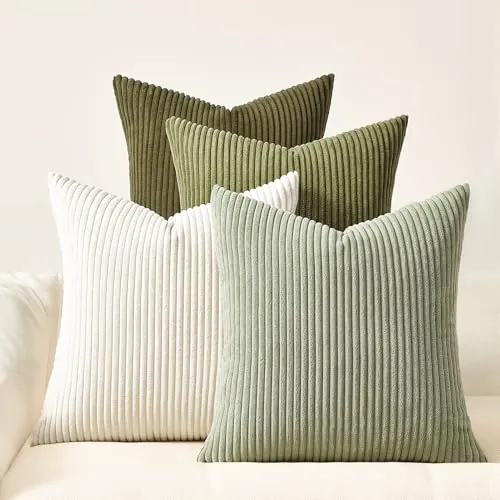 Topfinel 4 Fundas De Cojín de Pana, 50x50 cm, Verde Blanco