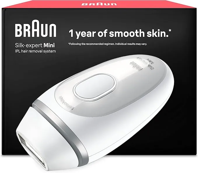 Braun Luz Pulsada Silk-Expert Mini Depiladora IPL, Alternativa a Depiladora Laser, Reducción Del Vello En Casa, Tamaño Compacto, Fácil, Segura Y Eficiente, Blanca/Plateada, PL1100