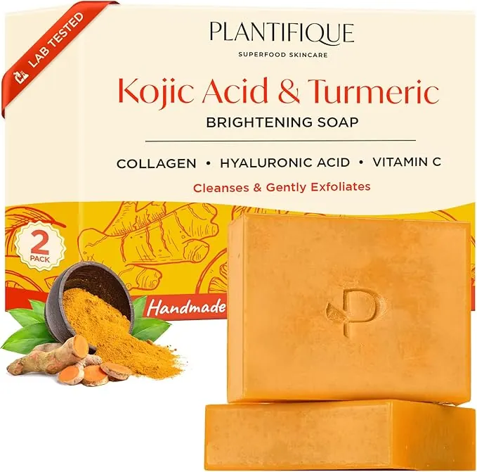 PLANTIFIQUE Jabón de Curcuma y Acido Kojico, 2 Barras con Vitamina C, Ácido Hialurónico y Colágeno - Jabon Cara para las Manchas - Turmeric & Kojic Acid Soap, 160g