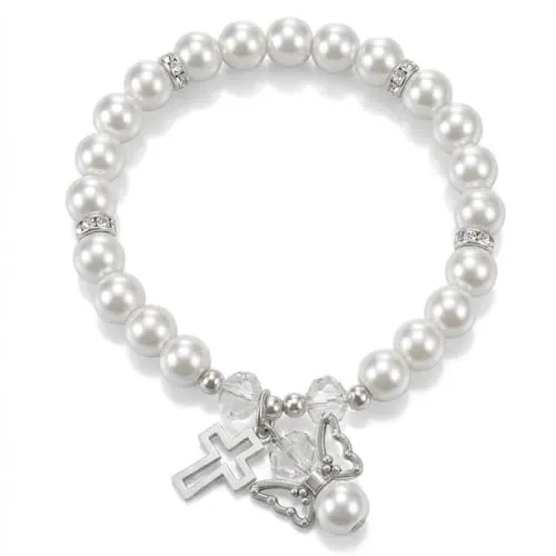 JIRVEX Pulsera Comunión Niña Regalo Primera Comunión Pulsera Rosa y Blanca con Cruz Regalos de Comunión Originales