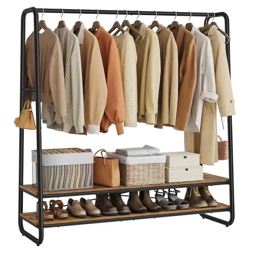 VASAGLE Perchero Burro, Perchero Recibidor con 2 Estantes, 6 Ganchos en Forma de S, Marco de Acero, 45 x 138 x 160 cm, para el Dormitorio, Marrón Rústico y Negro RGR119B01