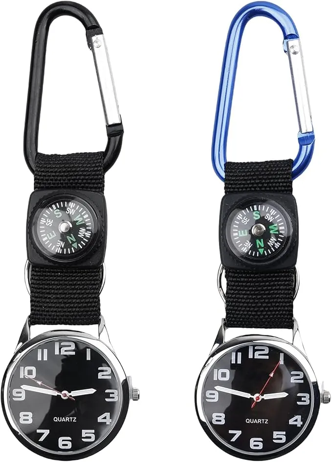 Nizirioo Reloj de bolsillo con mosquetón y brújula, 2 unidades, práctico reloj de exterior para hombre, enfermeras, ciclistas y excursionistas