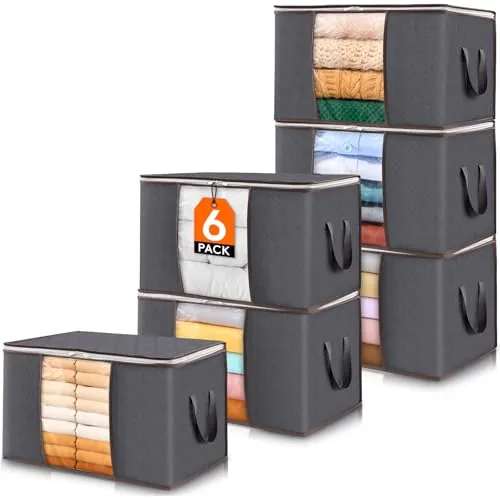 Lifewit Cajas Almacenaje Ropa, Bolsa almacenamiento ropa, Organizador Armario Plegable, Cajas Mudanza, Bolsas con Asa Reforzada para Guardar Ropa, Mantas, Edredones, Gris, 60L, 6 Piezas