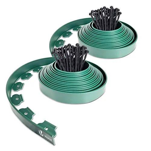 VOUNOT® Borde Jardín, Césped Borde, Flexible de Plástico, Longitud 20 m, Altura 5 cm, con 60 Clavijas, Verde