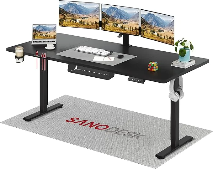 SANODESK Escritorio Elevable Eléctrico 200cm, Regulable en Altura con Memoria, Estable y Silencioso, Soporte hasta 100 kg, con Gancho y Portabotella, Oficina y Hogar (Negro)
