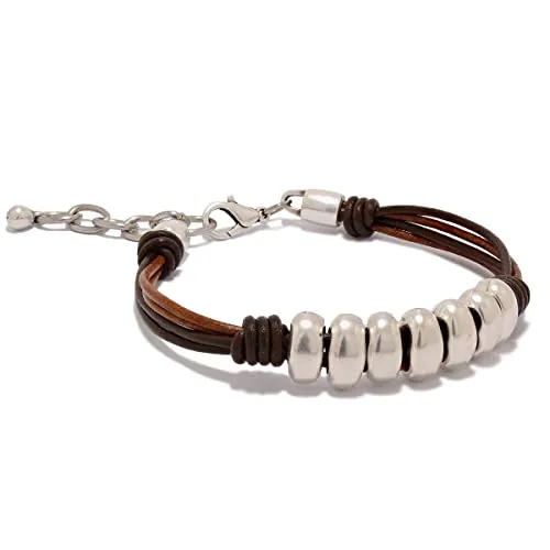 Hecho a mano, con cuentas de zamak para mujer - Pulsera de cuero para mujer hecha por Intendenciajewels - Pulsera con cuero y zamak - Pulsera ajustable de 16-19,5 cm.