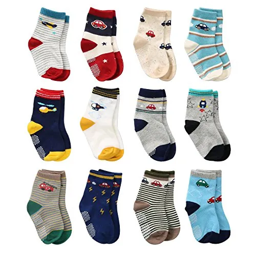 Cottock 12 Pares para Algodón Infante Niños Pequeños Antideslizantes Calcetines, Algodón Calcetines Antideslizantes para Niños (12 pares de avión y coche, 1-3 años)