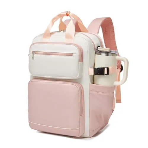 Kono Mochila para Ordenador Portátil Mujer, Mochilas para Ordenador de 15,6 Pulgadas para Trabajo, Mochila Informal para Viajar, Colegio, Oficina(Beige/Rosa)