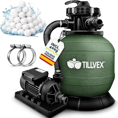 tillvex Depuradora de Agua para Piscina 7.900L/h + 400g Bolas de Filtro | 7 Funciones de Filtrado & Adaptador Ø32-38mm | Filtro de piscina con indicador de presión (Verde)