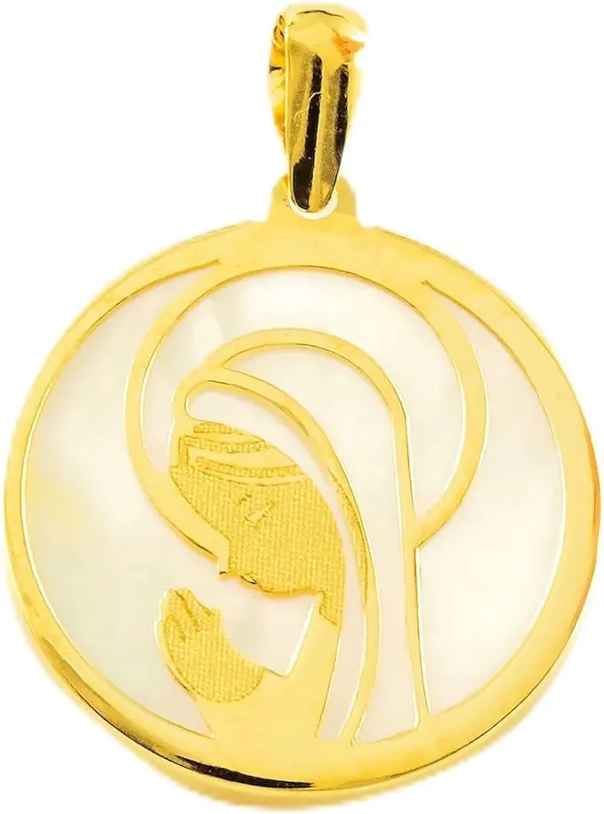 Monde Petit Colgante Oro Amarillo 18K Nacar Redondo Virgen Niña Mate y Brillo - Certificado Garantía - 1572