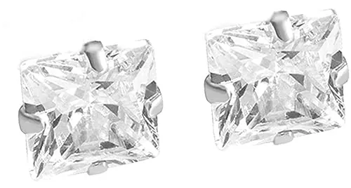 ENTREPLATA Pendientes de Plata de Ley 925 Unisex con Dos Circonitas Cuadradas Blancas Talla Diamante - Joya Hipoalergénica Certificada 7x7 mm