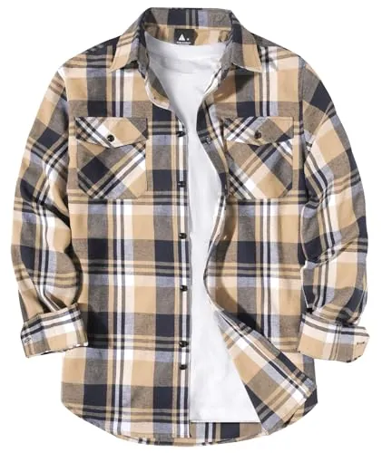 zitysport Camisa de Hombre a Cuadros Manga Larga Camisas Franela Estilo Leñador con Bolsillos en el Pecho Cálida Ideal para el Trabajo al Aire Libre y el Tiempo Libre Corte Regular(Beige L)
