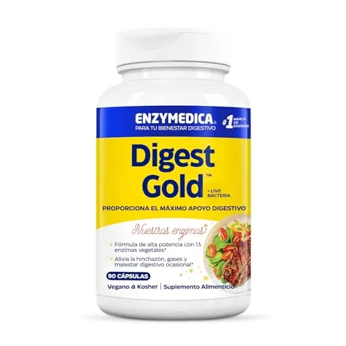 Enzymedica, Digest Gold + Live Bacteria, Fórmula Enzimática de Acción Rápida, Reduce los Gases y la Hinchazón, Mejora la Absorción de Nutrientes, Sin Gluten, Sin Lácteos, Vegano, 90 Cápsulas