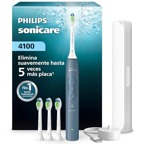 Philips Sonicare Serie 4100 - Cepillo dental sónico con sensor de presión, 4 ajustes de cepillado, EasyStart, SmarTimer, autonomía de 21 días, estuche, azul marino, HX4046/48, [Nuevo]