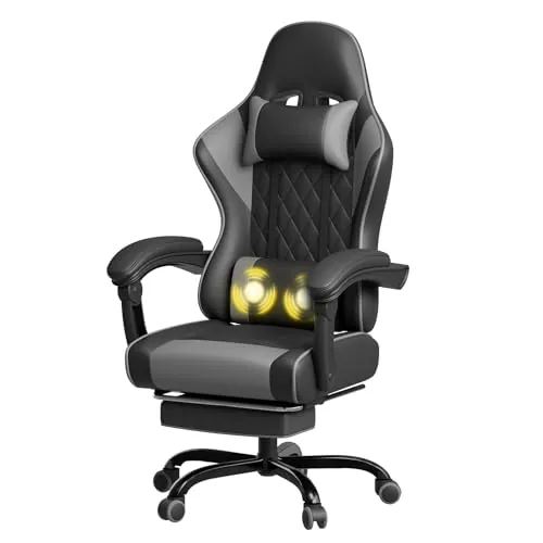 JUMMICO Silla Gaming con Masaje, Butaca Reclinable Ergonómica con Reposapiés y Reposacabezas, Silla de Ordenador y Silla de Trabajo, Soporta 150 kg, Cómoda y Elegante,Gris