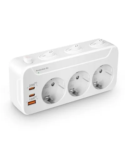 Ladron Enchufes con Interruptor Independiente,Enchufe Múltiple Pared,PD20W Regleta Enchufes Adaptador 3 Tomas,Horizontal Vertical Giratorio Ladrón Triple con Tierra 16A Proteccion Sobretension,Blanco