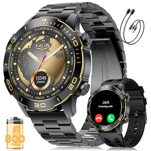LIGE Reloj Inteligente Hombre, 1.43" AMOLED Smartwatch con 24/7 Frecuencia Cardíaca, SpO2, Duración del Sueño, A Prueba de Agua IP68, 170+ Deportes, 300+ Esfera, Caja Negra con Indicios Dorado