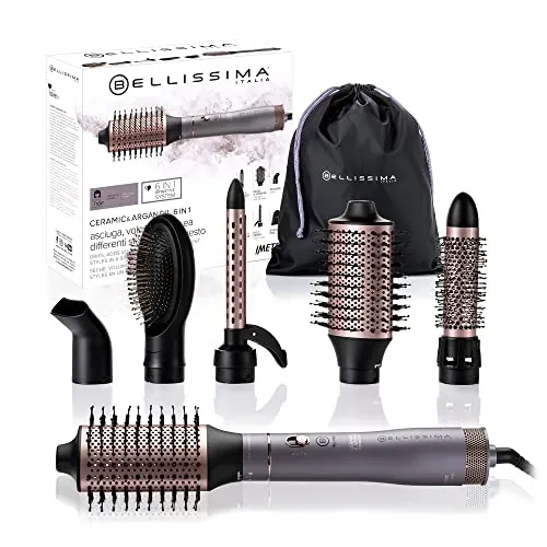 Bellissima Ceramic & Argan Oil 6en1, Cepillo de Aire Caliente, Moldeador, 6 Accesorios, Tecnología Ion, Cepillos Recubiertos de Cerámica y Aceite de Argán, Seca y Aporta Volumen, Golpe Aire Frío