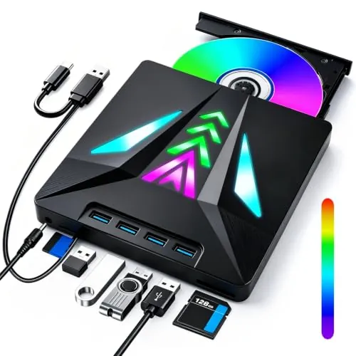 Lector CD DVD Externo para PC, Grabadora DVD Externa USB 3.0 y Type-C